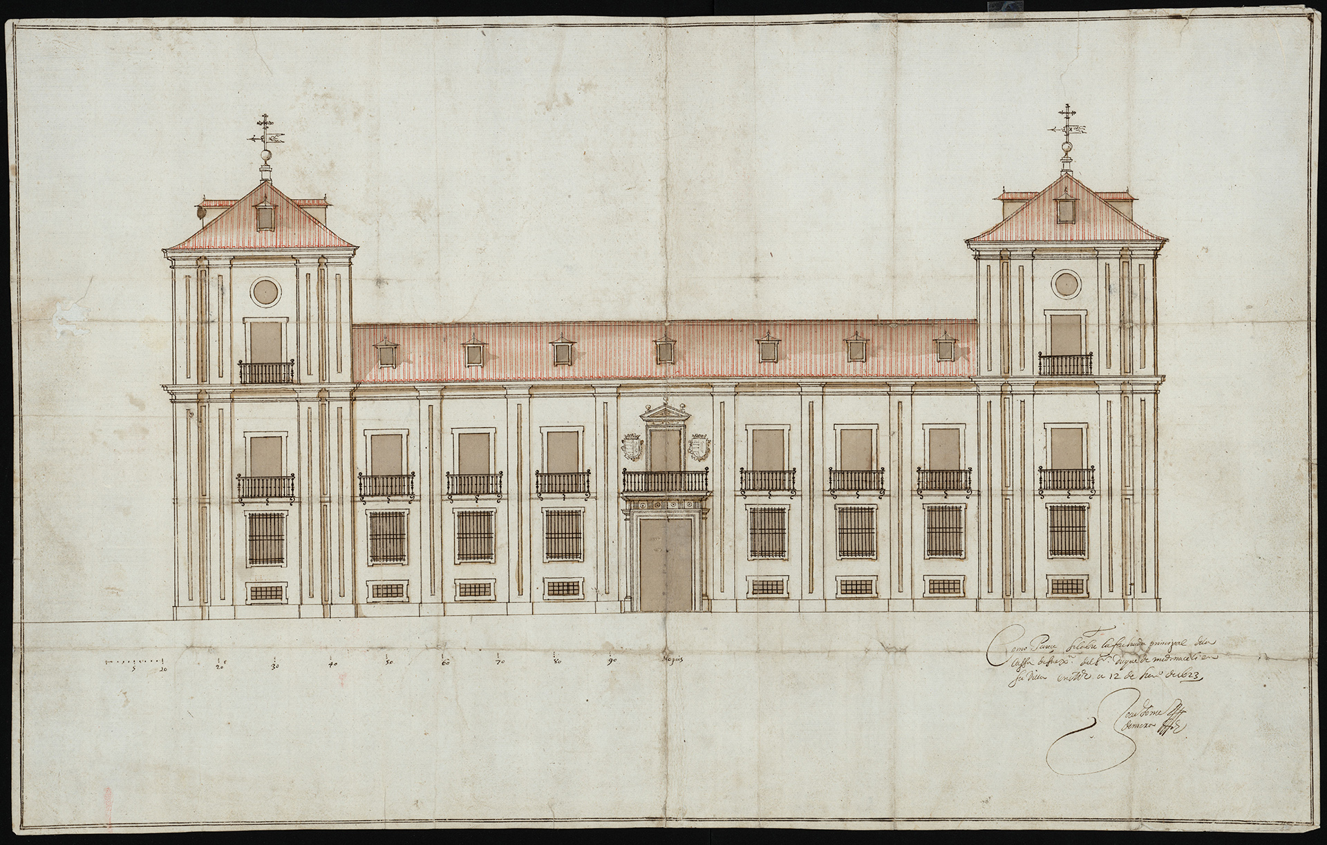 Plan de la façade du Palais Ducal de Medinaceli, Soria. Juan Gómez de Mora. 1623. Archives ducales de Medinaceli