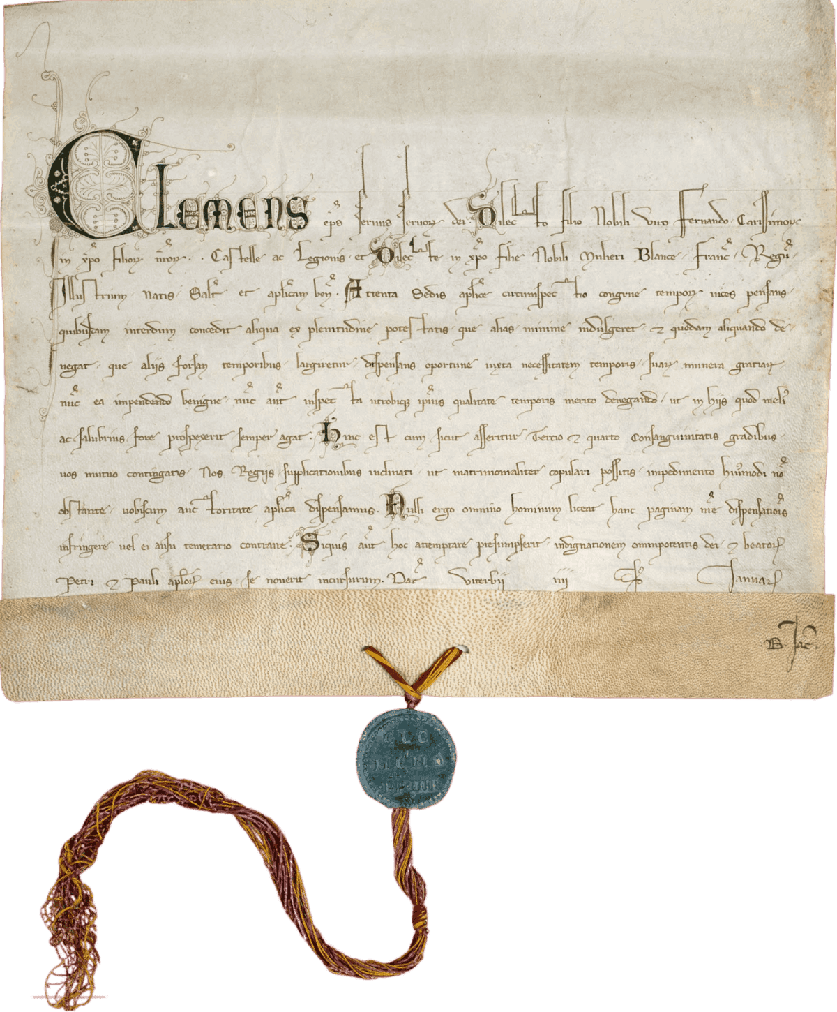 Alliance entre les maisons royales de Castille et de France. Bulle de Clément IV. Archives Nationales (France) J 435 Nº5. 1267, 10 janvier, Viterbe.