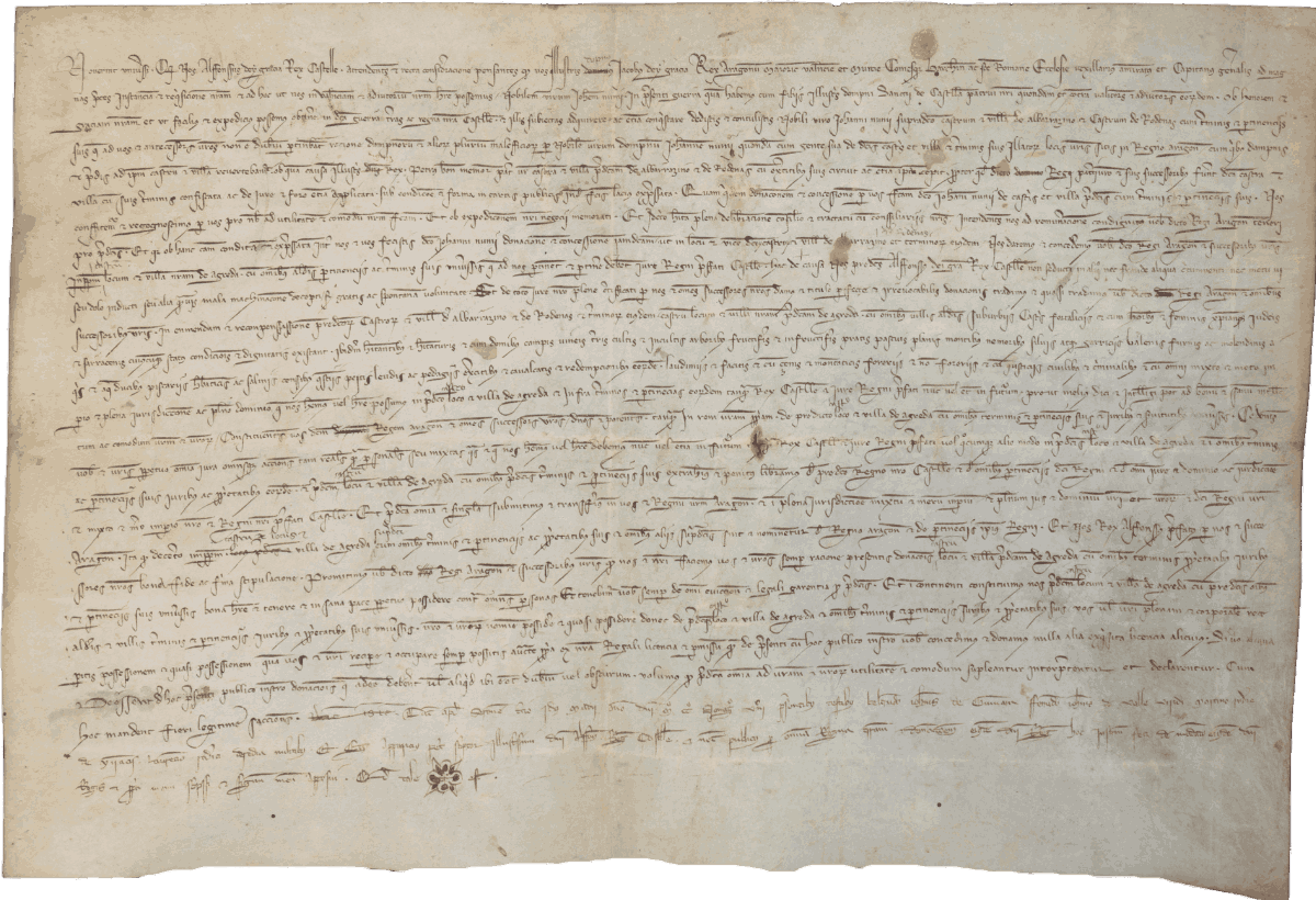 Don Alfonso [de la Cerda], King of Castile, donates the town of Ágreda and its land to the King of Aragon. 1298, May, 3. Serón. Ducal Archives of Medinaceli, Medinaceli 65-1.