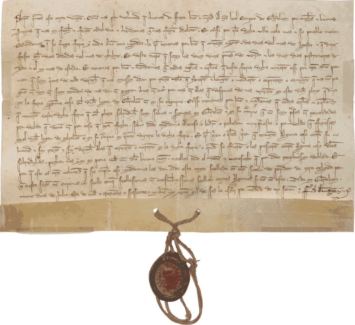 Don Juan [Alfonso] de la Cerda accorde une foire annuelle à Gibraleón. 1323, 9 juillet. Santarem. Archives ducales de Medinaceli, Archives historiques 276-4.