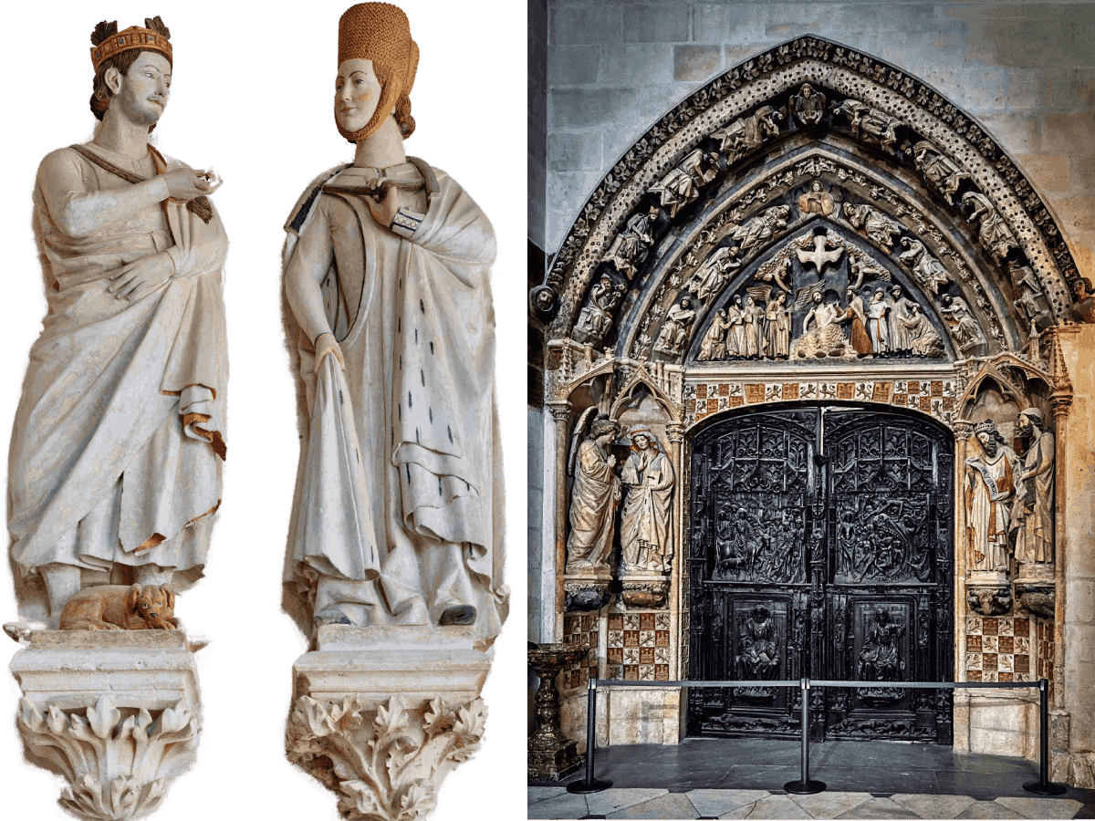 Sculptures de Ferdinand III et Beatrix de Souabe. Porte noire de la cathédrale de Burgos. Bénédiction nuptiale pour le mariage de Ferdinand de la Cerda et de Blanche de France.