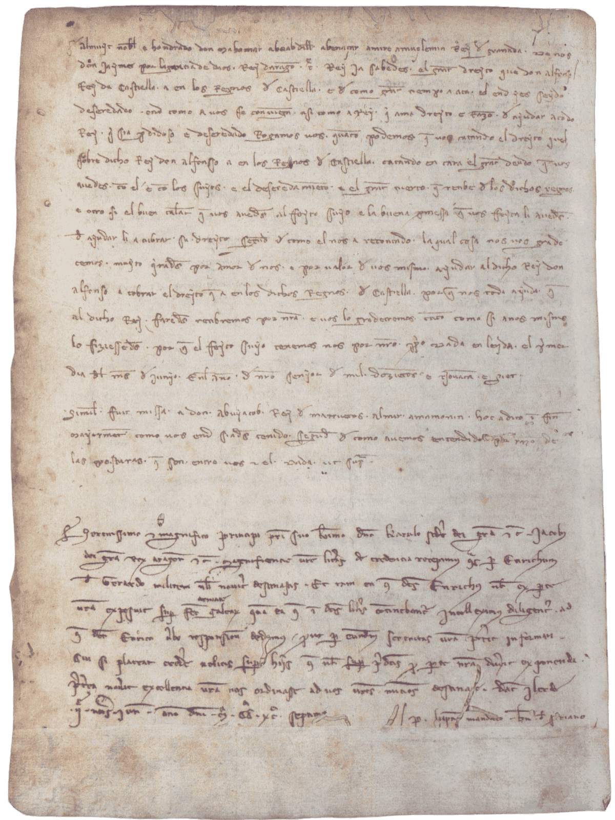 Guerra entre Castilla y Aragón. 1297, junio, 1. Lérida. Minuta de la carta de Jaime II al rey de Granada