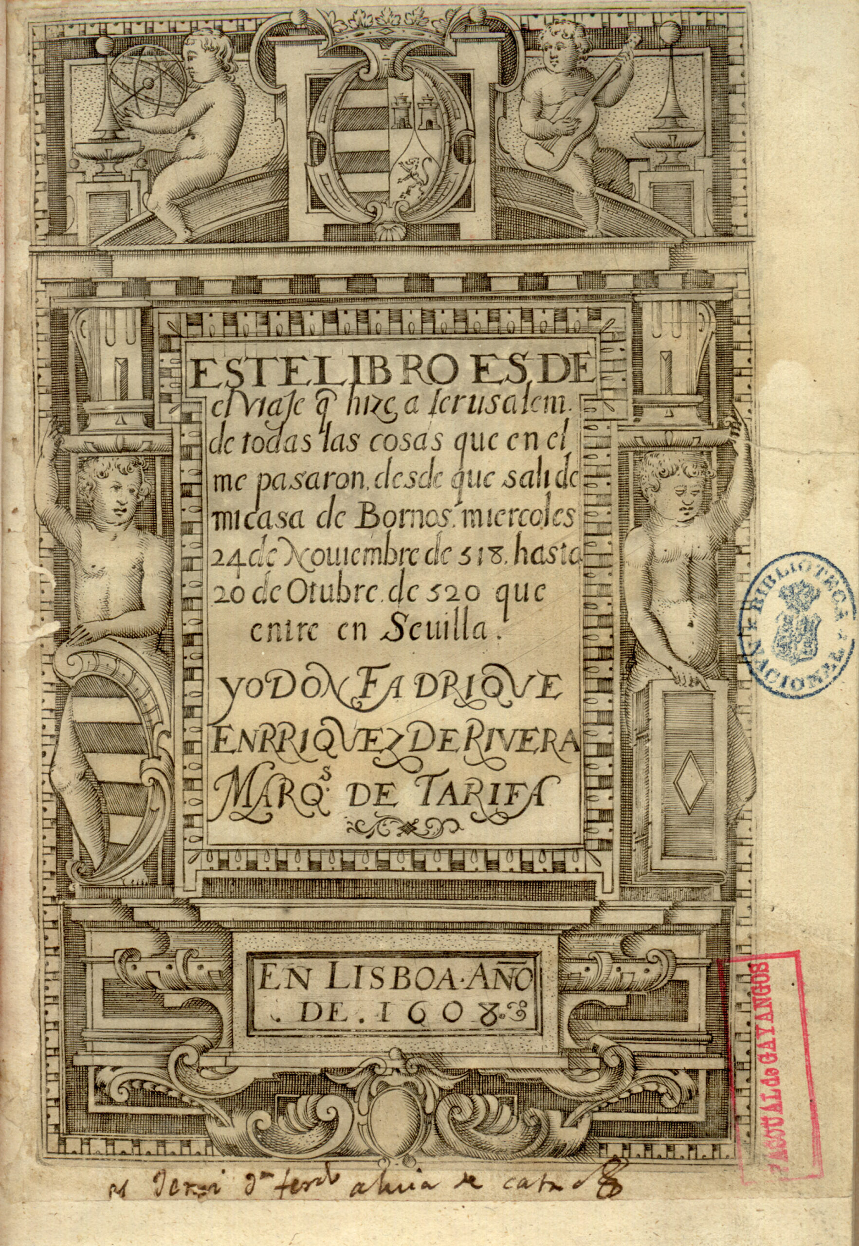 Portada del Libro Viaje a Jerusalén de Don Fadrique Enríquez de Ribera, (Lisboa 1608)