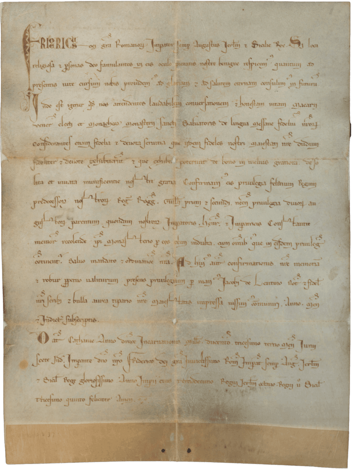 Privilège de l'empereur Frédéric II. Archives ducales de Medinaceli, Messine, n° 150. 1233, juin. Catane