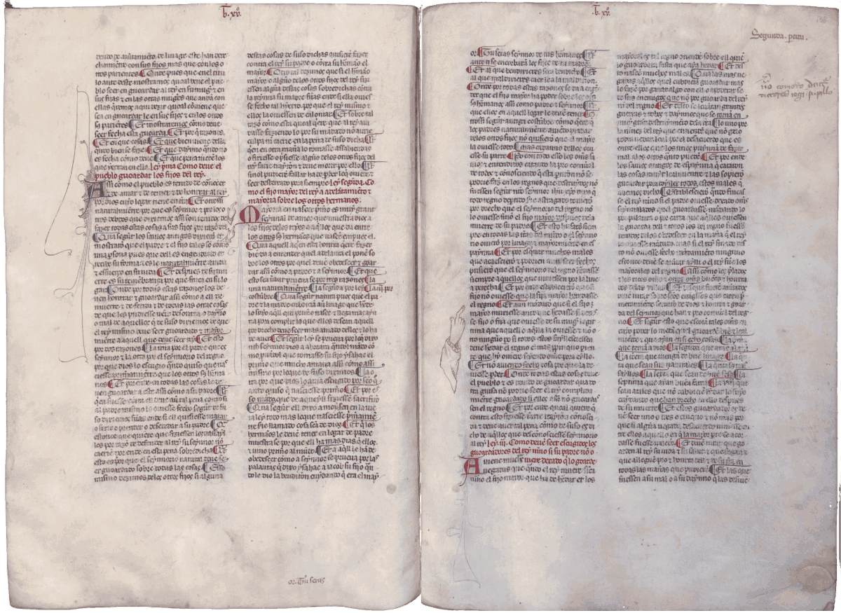 Succession selon les partidas, 1265. Loi II, Titre XV, Partida II. Partidas Alfonso X. Bibliothèque nationale d'Espagne VITR/4/6.